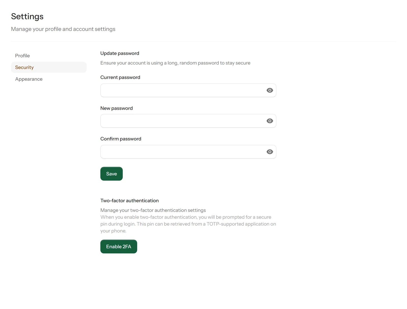 Security settings with Update password and Two-factor authentication