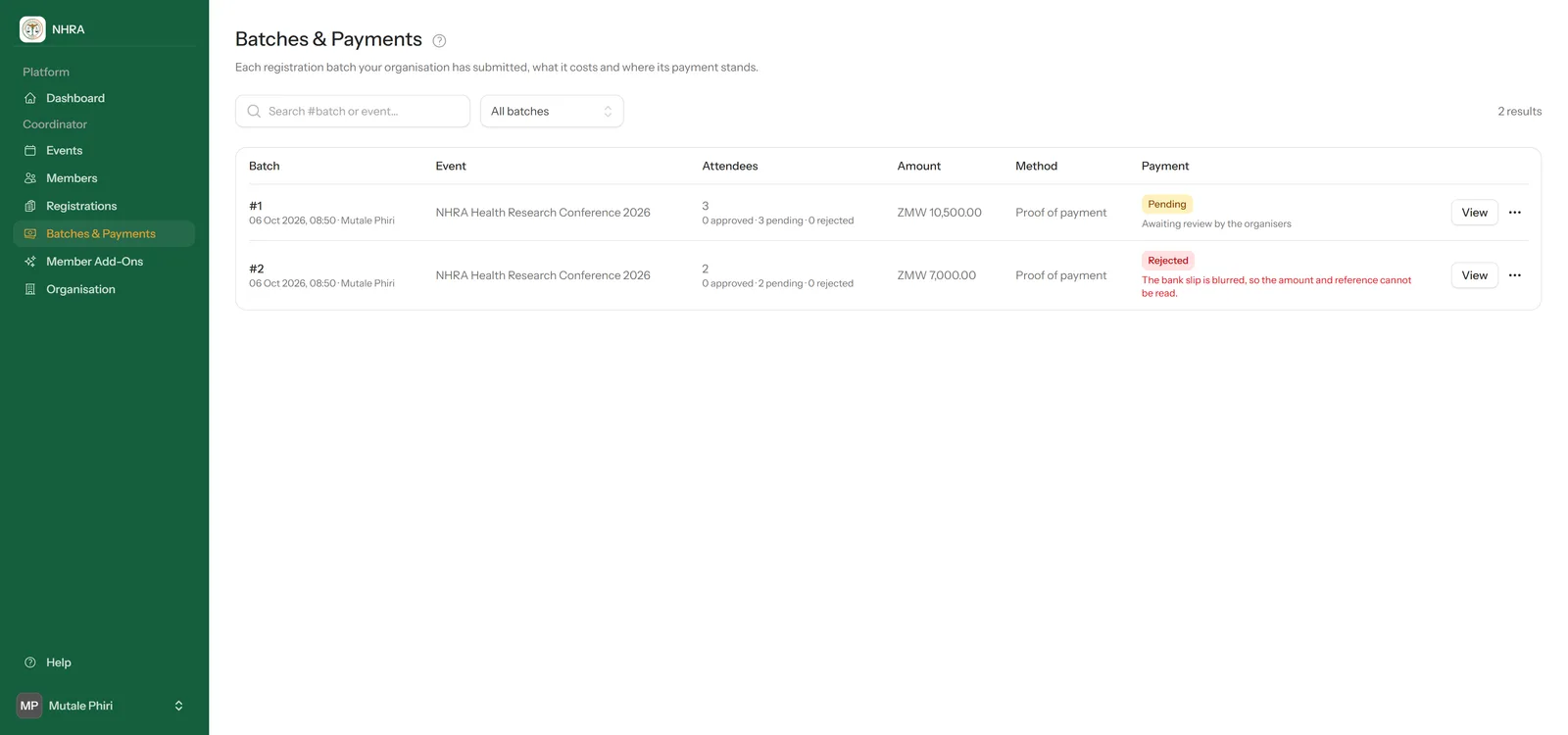 Batches & Payments with one pending and one rejected batch