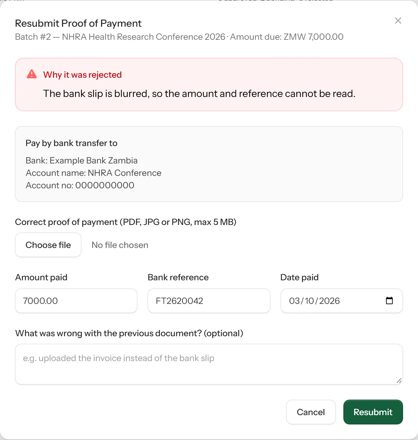 The Resubmit Proof of Payment form