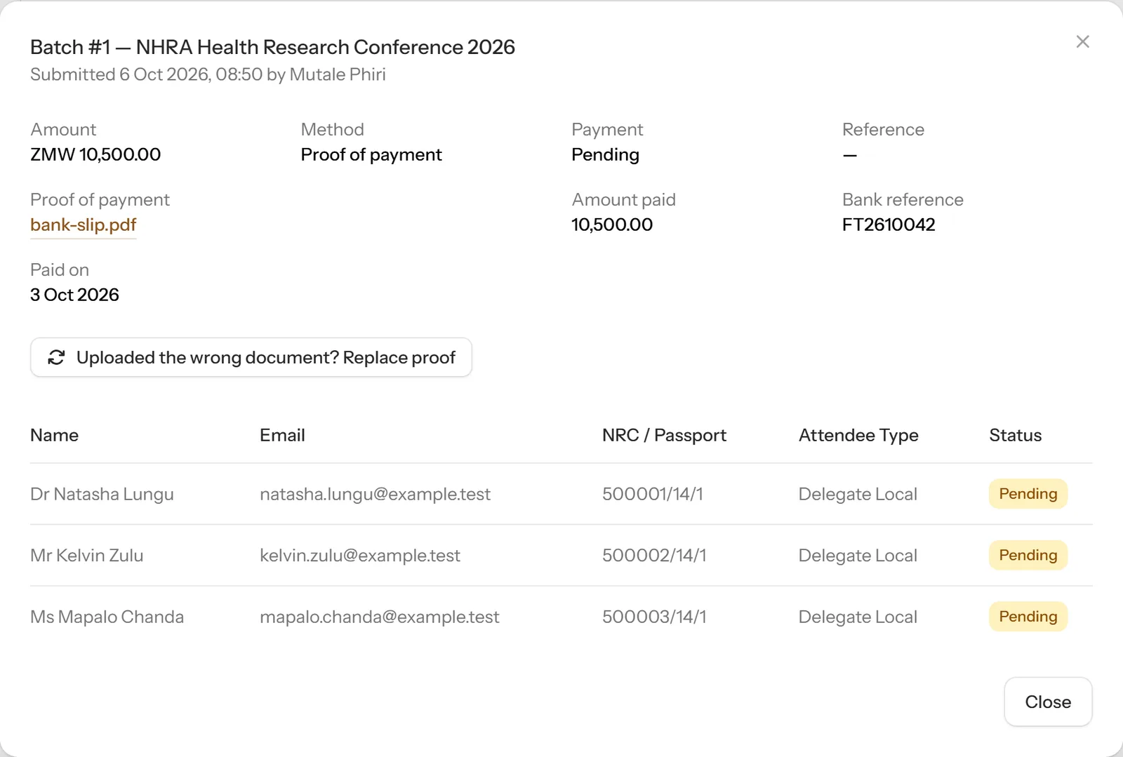 Batch details with payment details and attendee list
