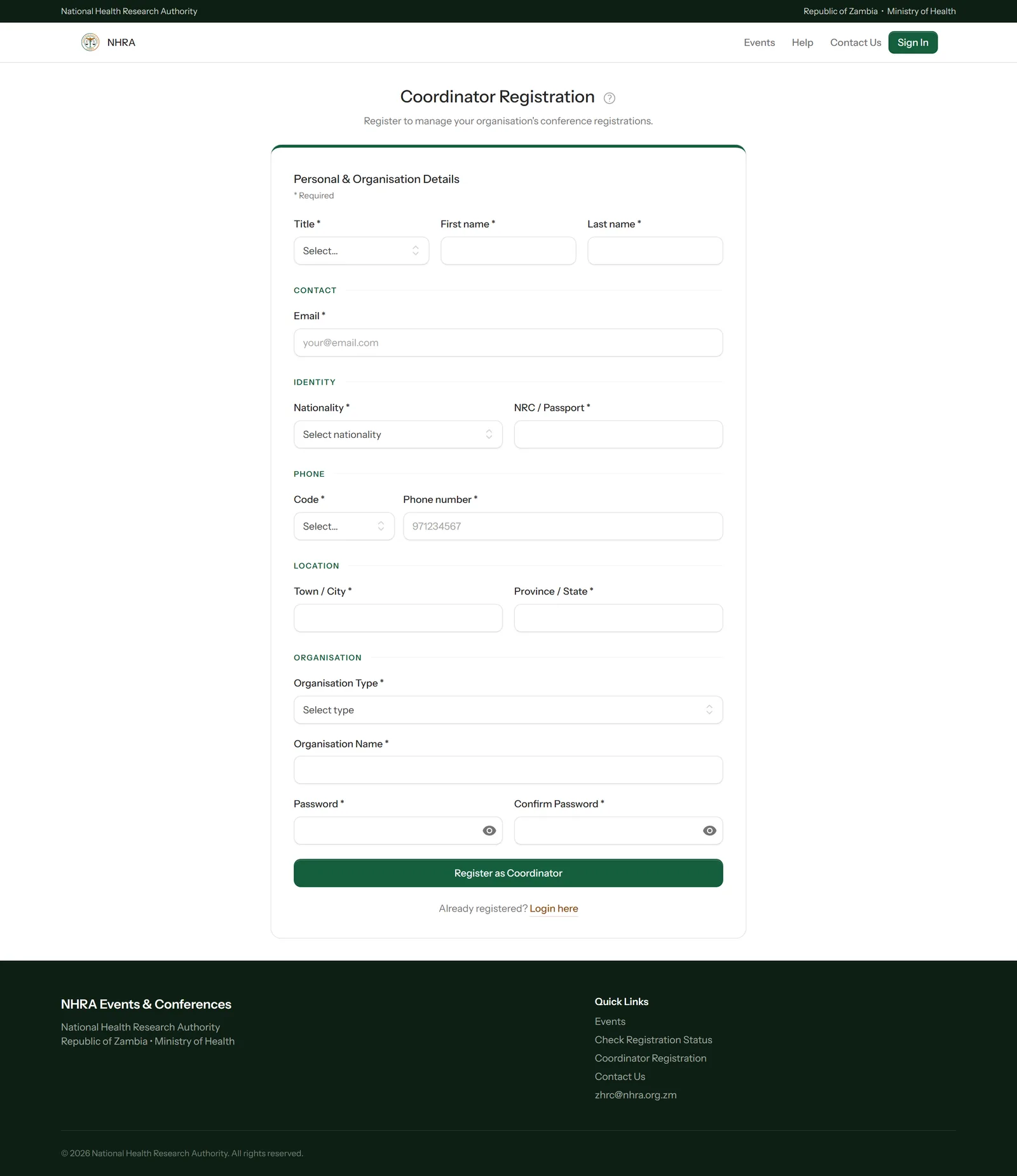 The Coordinator Registration form