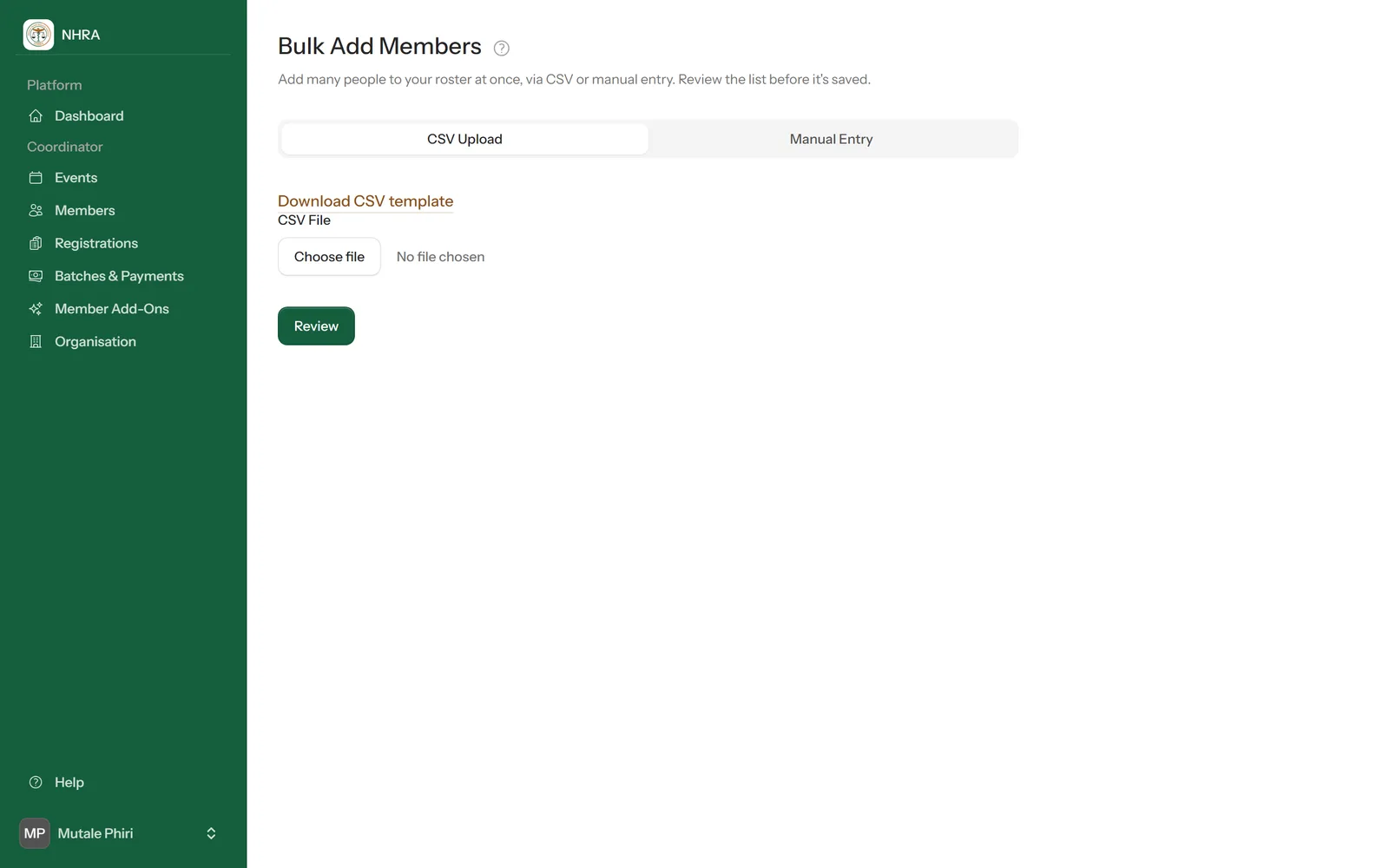 Bulk Add Members, CSV Upload tab