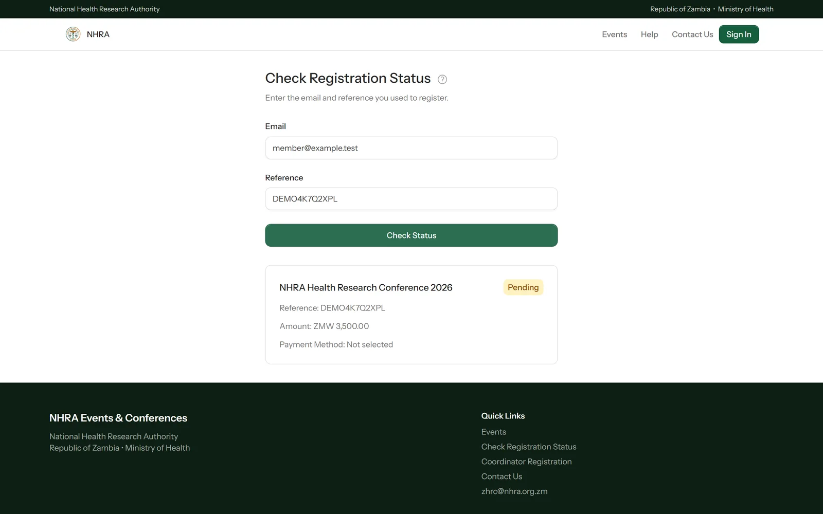 The Check Registration Status form with a result