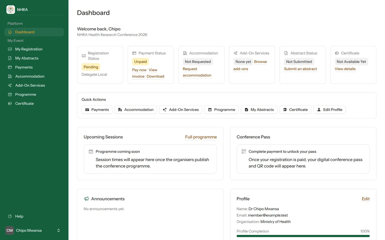 The member dashboard with status cards and quick actions