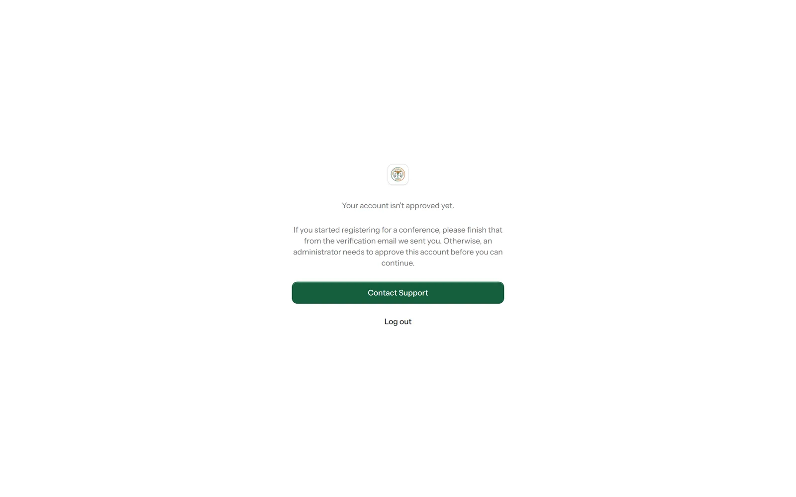 The account-not-approved-yet screen, with Contact Support and Log out