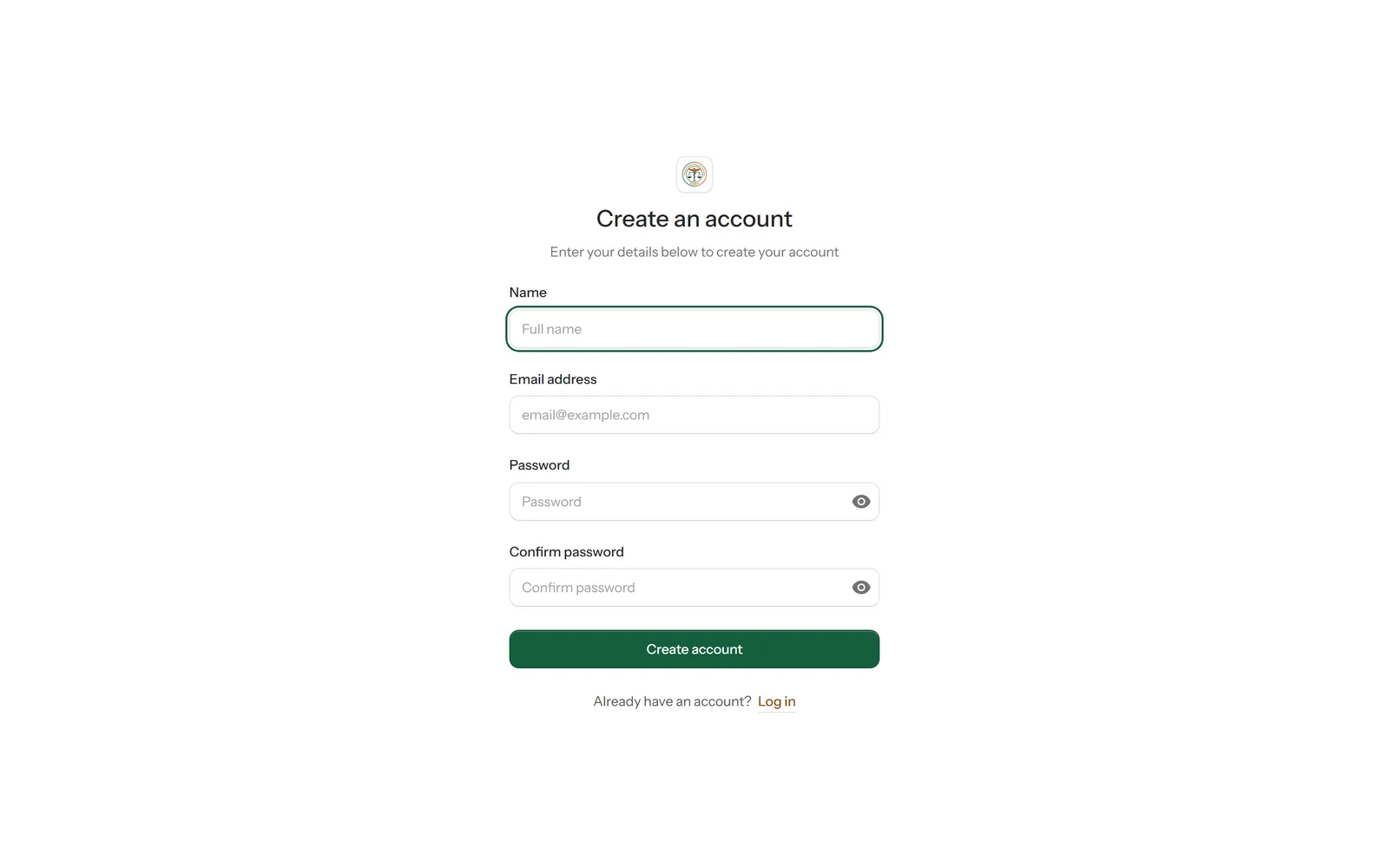 The Create an account form