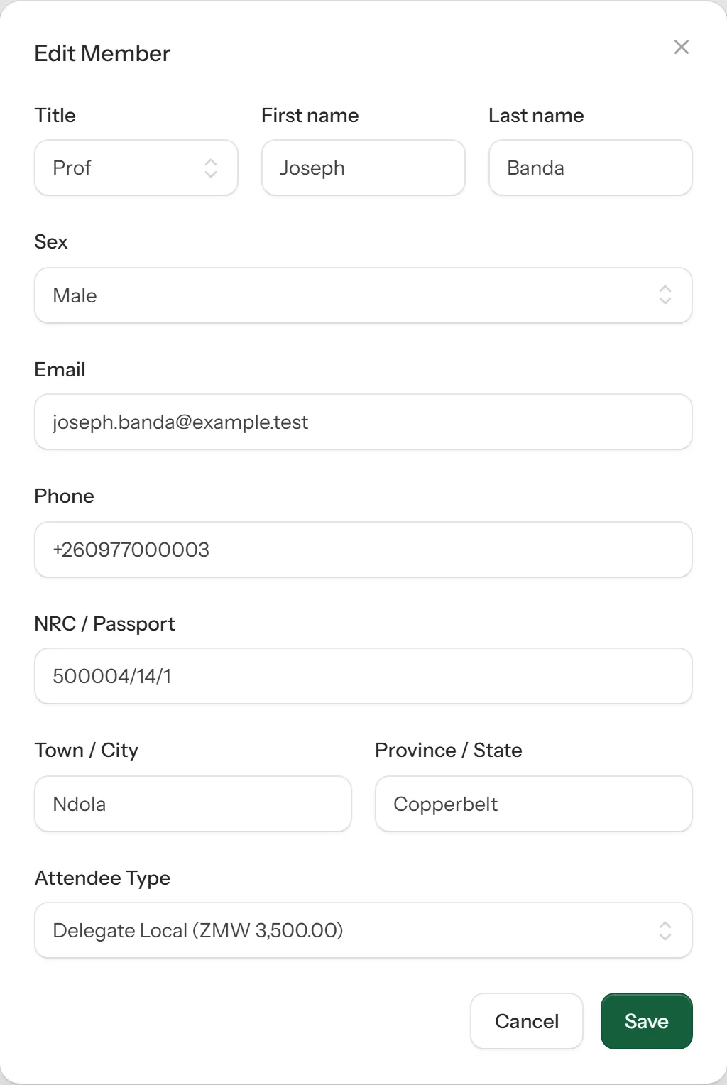 The edit attendee form