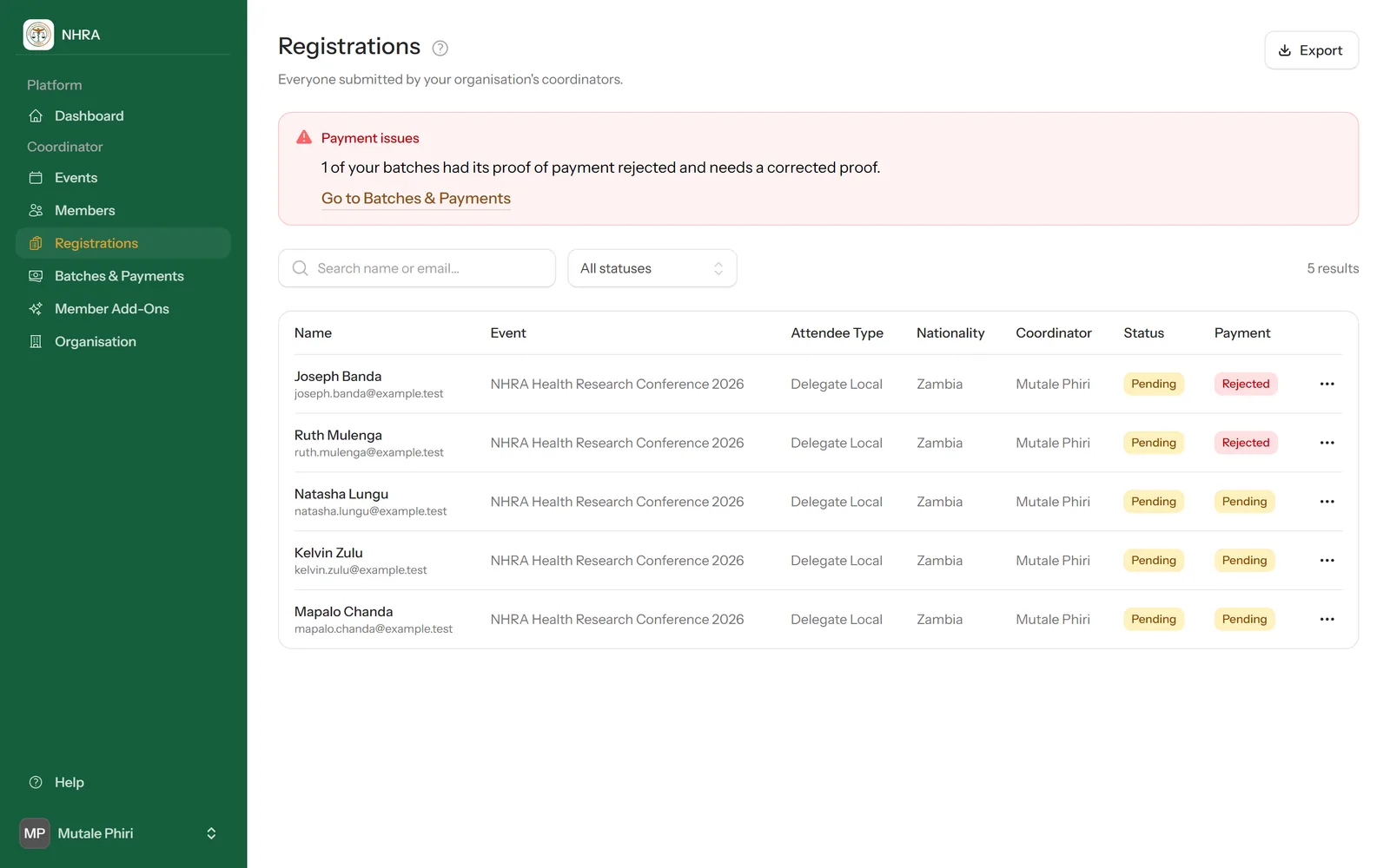 The Registrations list