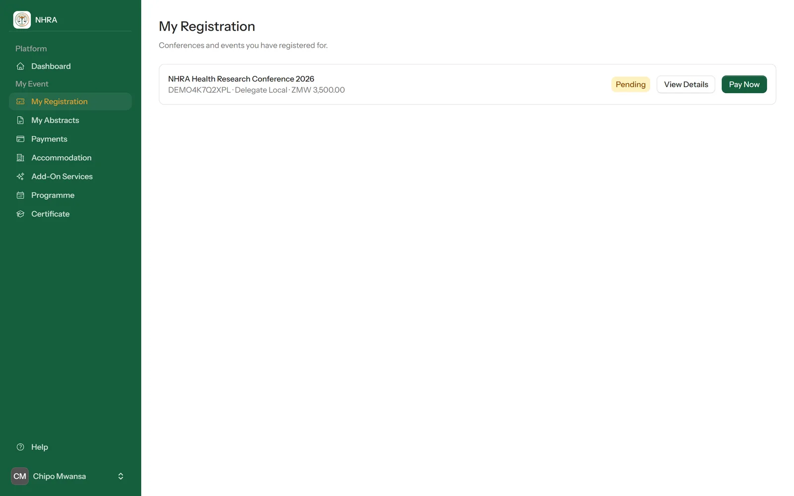 My Registration, with Pay Now and View Details
