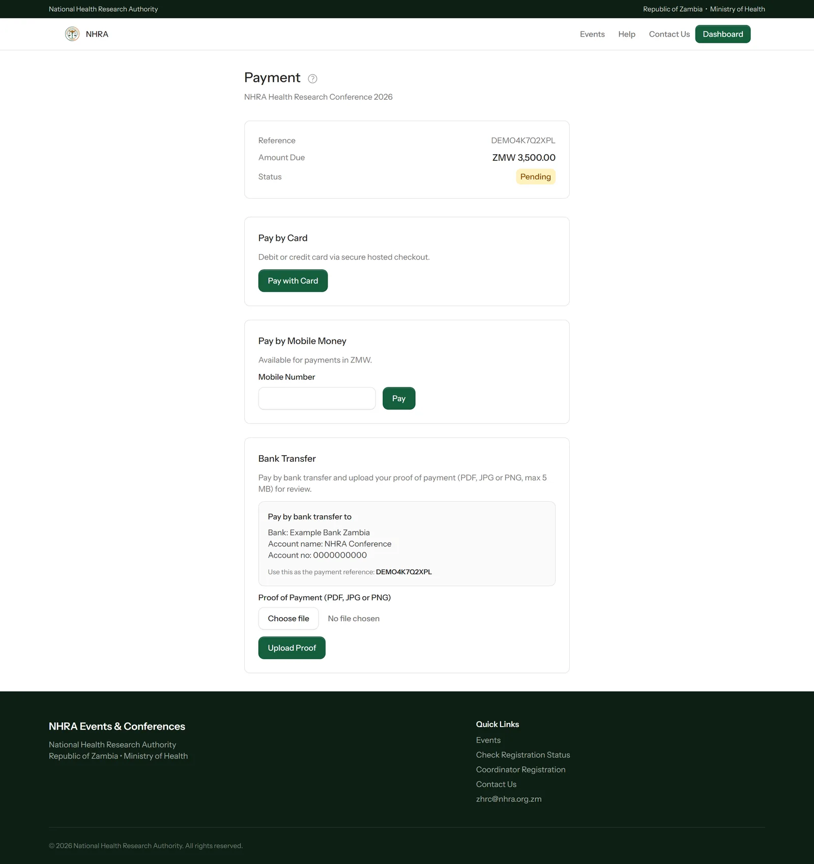 The Payment page with card, mobile money and bank transfer options