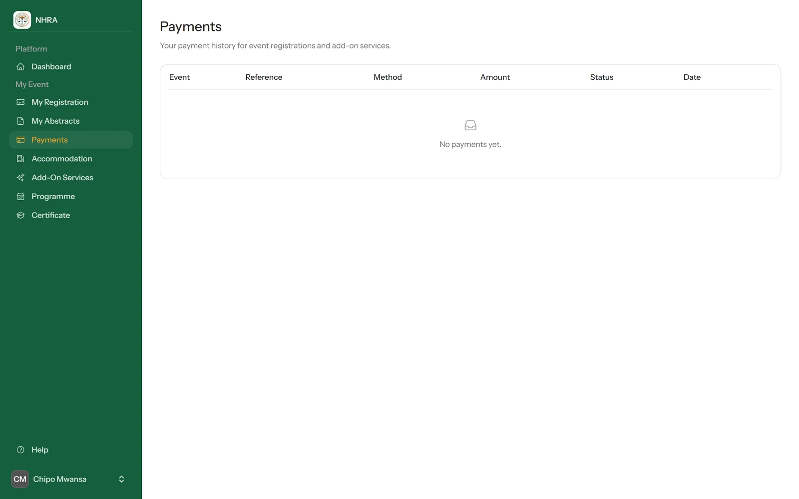 The Payments history page