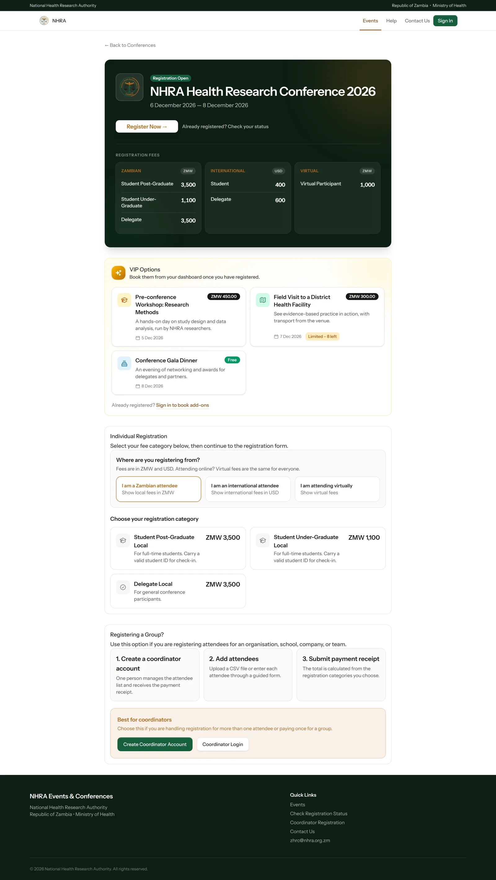 A conference page with fees and registration options