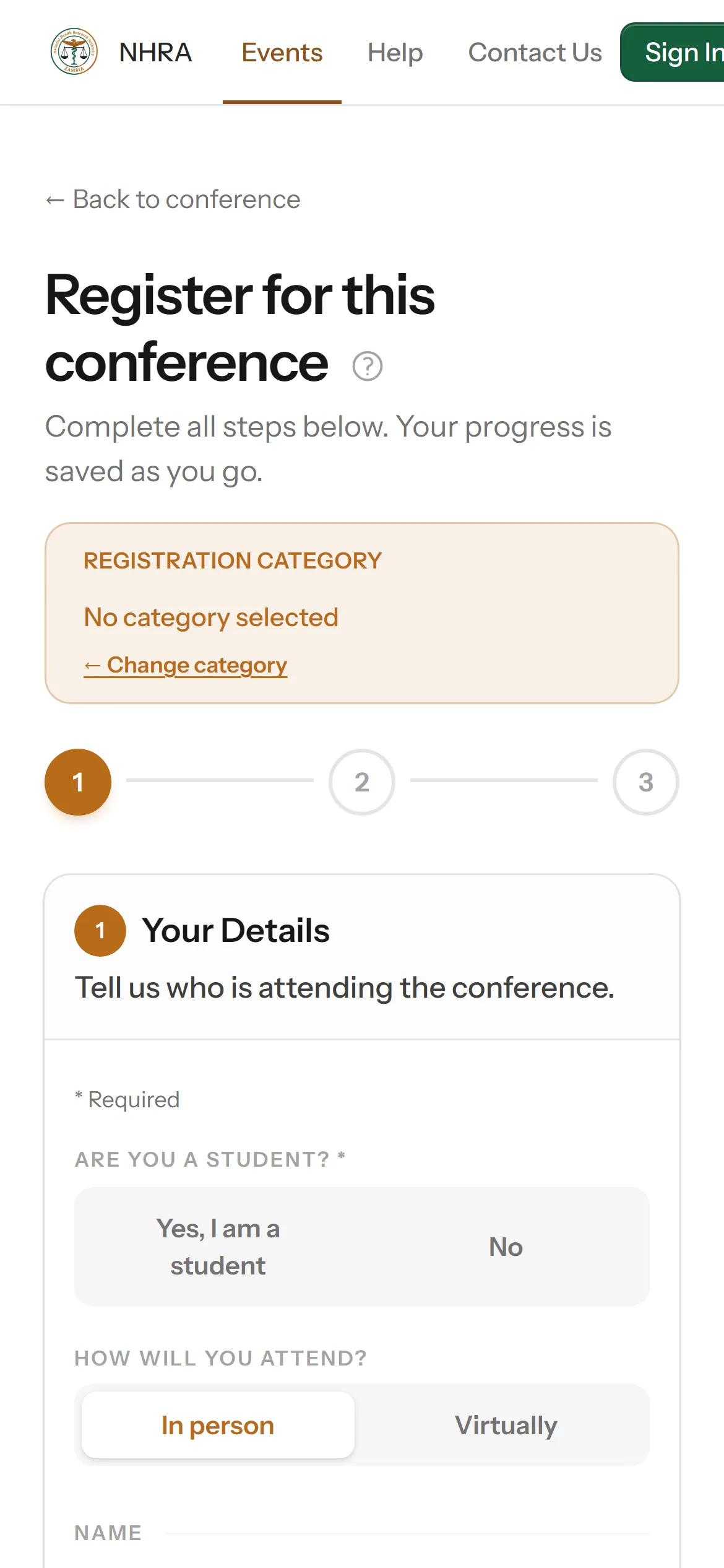 The registration form on a phone