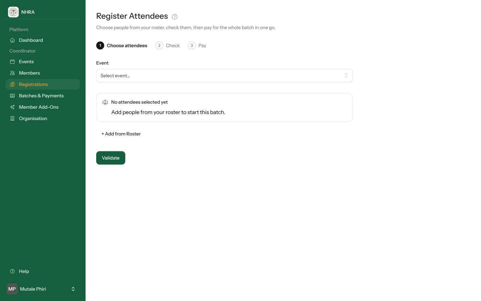 Register Attendees, step 1: Choose attendees