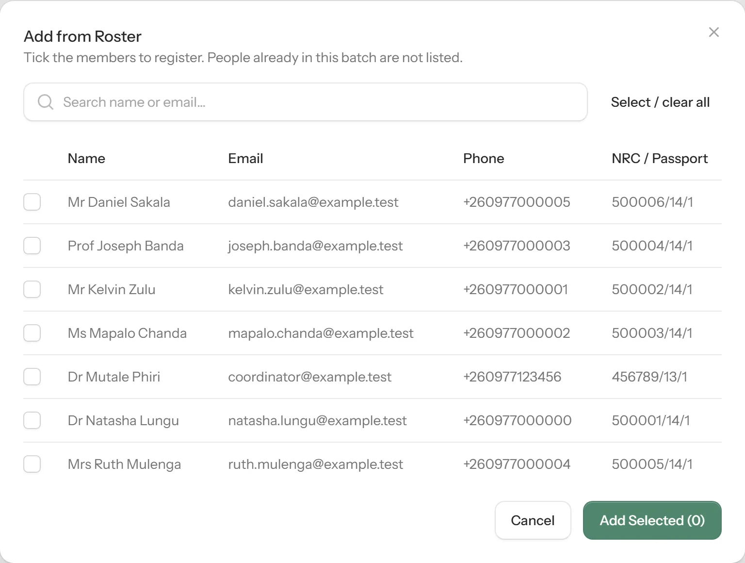 The Add from Roster list